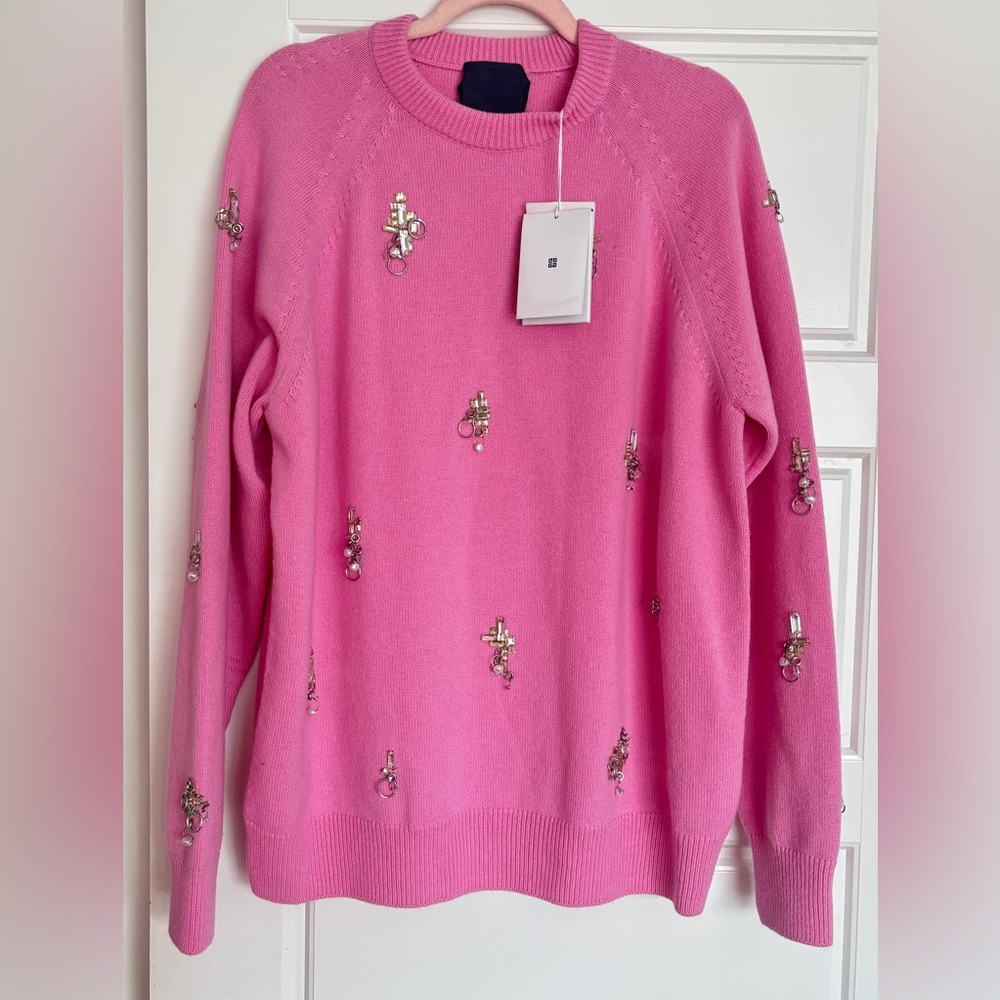 NWT • GIVENCHY • Oversize Pixel Embroidered Wool & Cashmere Sweater • Candy Pink